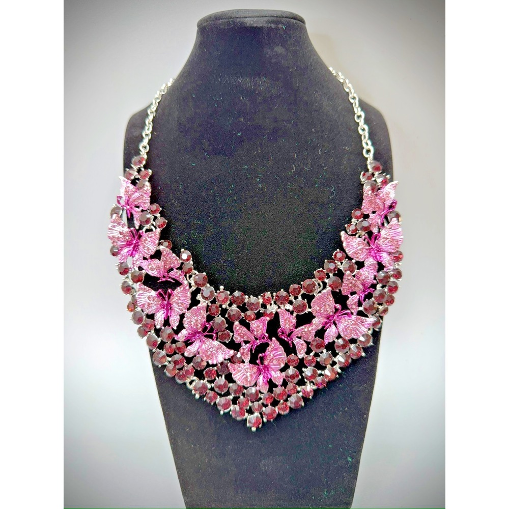 Butterfly Bib Necklace 22" Purple Rhinestones Statement‎
